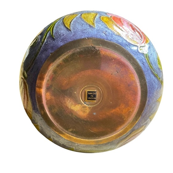 Brass Vase Vintage Enameled Hand Painted Floral India 5”T x 2.5”W x 14”D - Picture 3 of 6